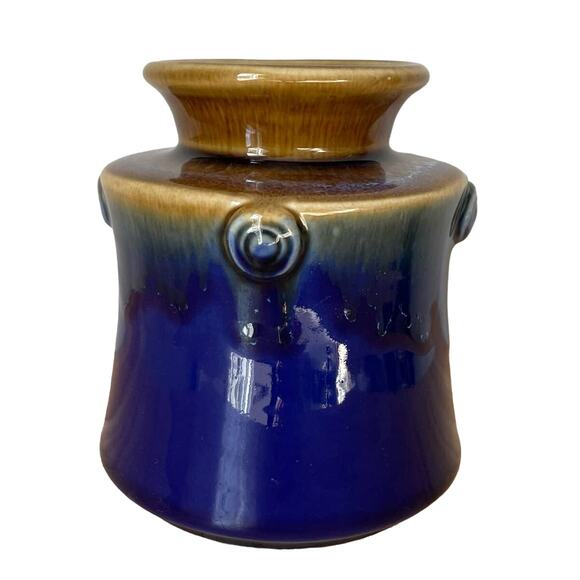 Vintage 70s Ceramic Clay Stoneware Vase Brown Blue Glaze - Picture 1 of 8